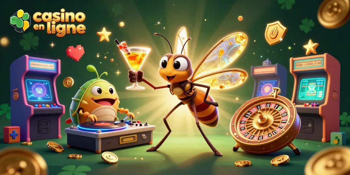 Jouez au casino en ligne avec ce héros de jeu vibrant entouré de machines à sous et de roulettes.