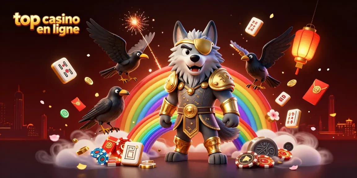 Illustration colorée représentant Odin et ses corbeaux au sommet d'un pont en jetons, mise en avant de top casino en ligne.