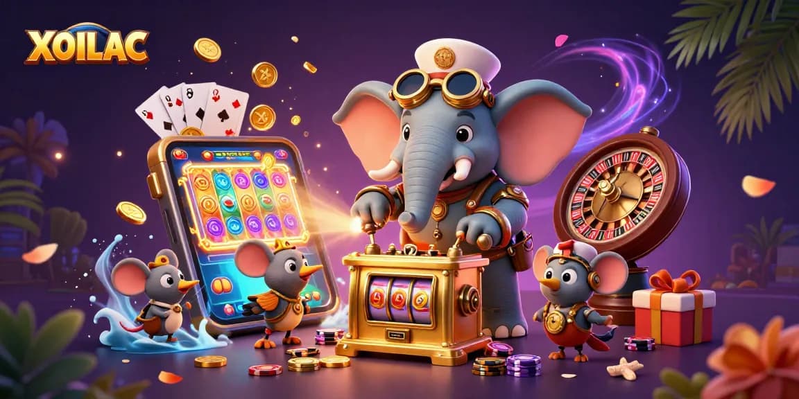 Experience thrilling games on XOILAC with 3D characters operating a slot machine amidst vibrant casino elements.