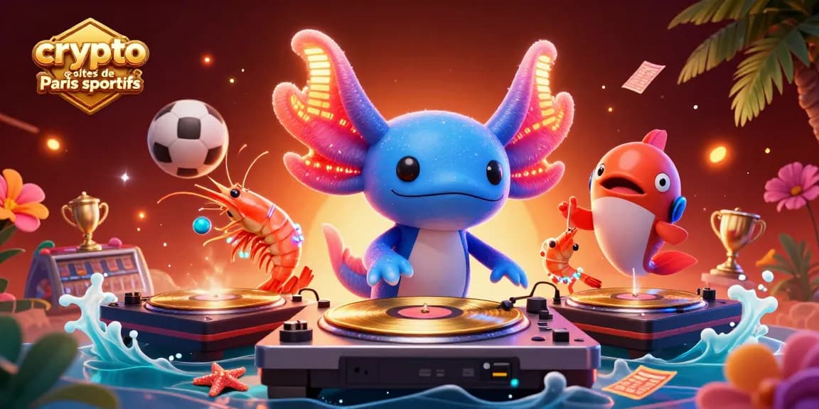 Pariez avec les meilleurs crypto sites de paris sportifs illustrés par un DJ axolotl cartoon vibrant.