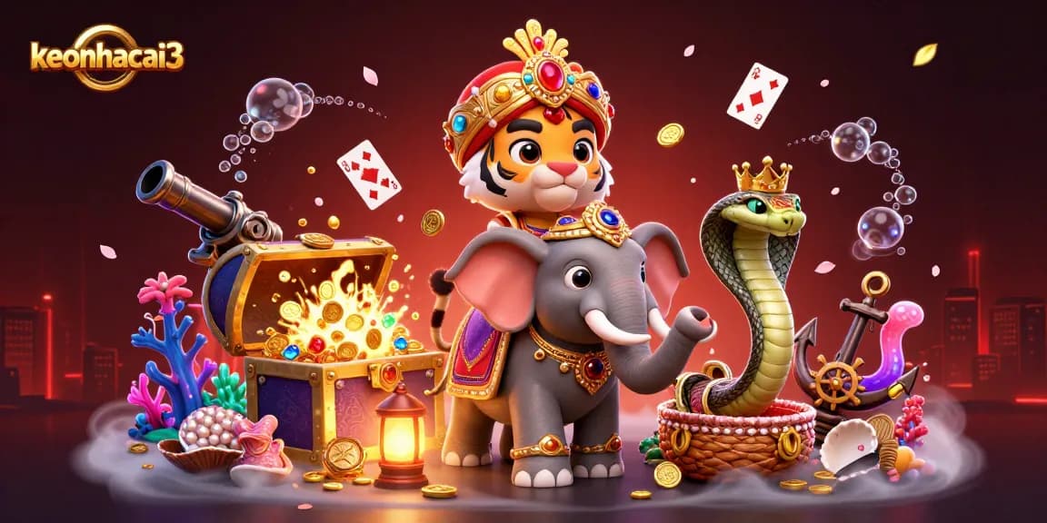 Engage with keonhacai3's vibrant casino world featuring rich 3D elements like gems and cards.