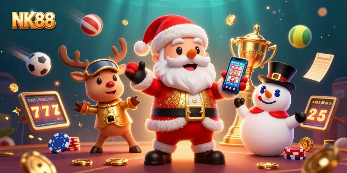 Win big with NK88 as a cheerful Santa, a reindeer dealer, and a poker chip snowman celebrate in a vibrant casino.