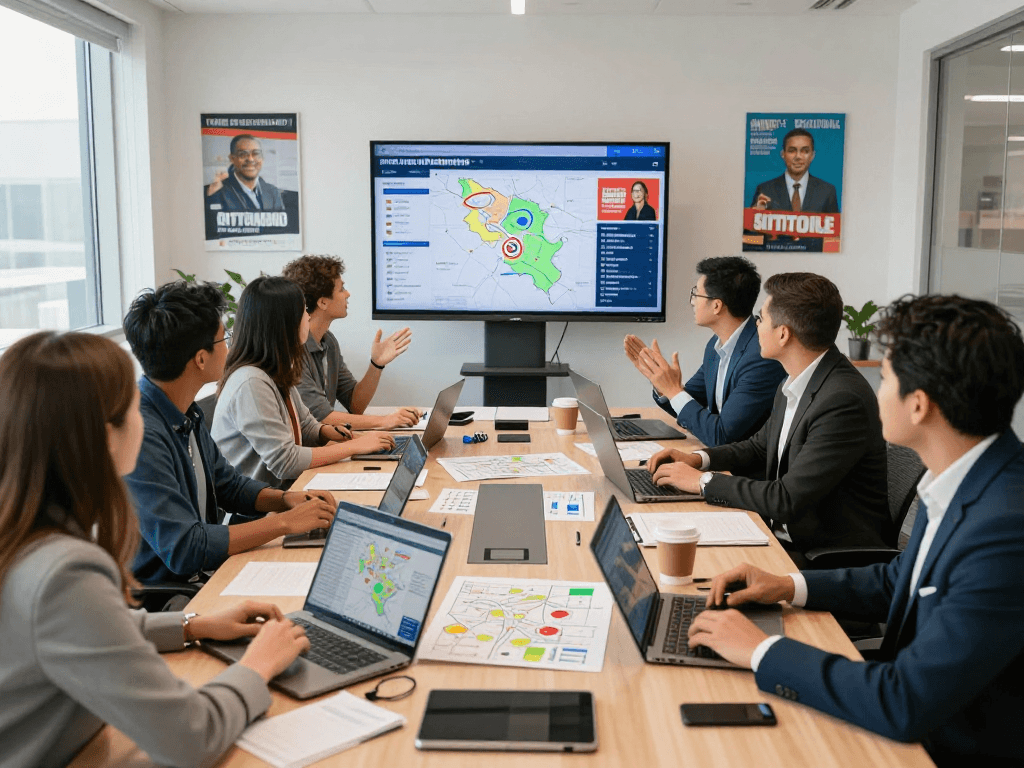 Collaboration on geofencing political advertising strategies in a modern office setting.