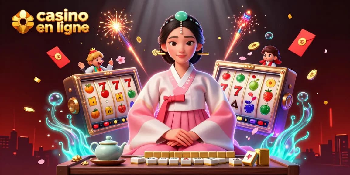 Interagissez avec le casino en ligne à travers une illustration 3D vibrante présentant des jeux de machines à sous et des éléments culturels.