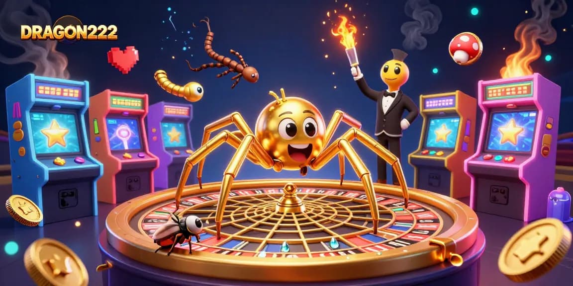 Experience thrilling wins with DRAGON222 as a golden spider spins a roulette wheel web.