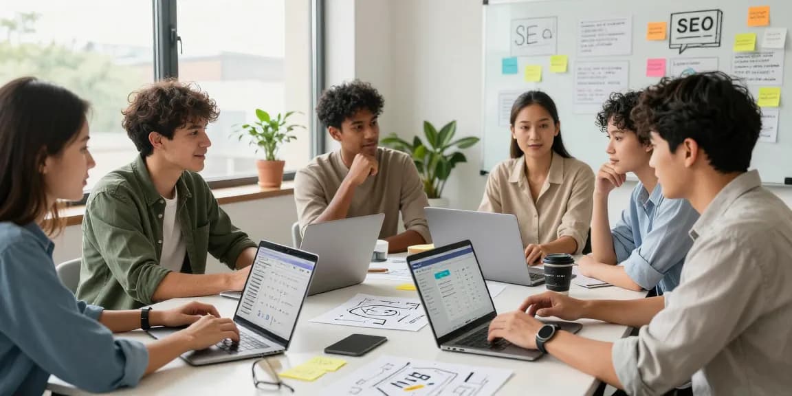 Team collaborating in a modern SEO Agency workspace, analyzing digital marketing strategies and data.