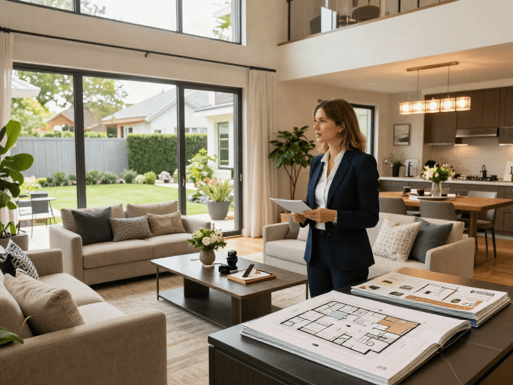 Engaging real estate professional showcasing a stylish home with features highlighted during an open house, promoting depo 10k in 2026.