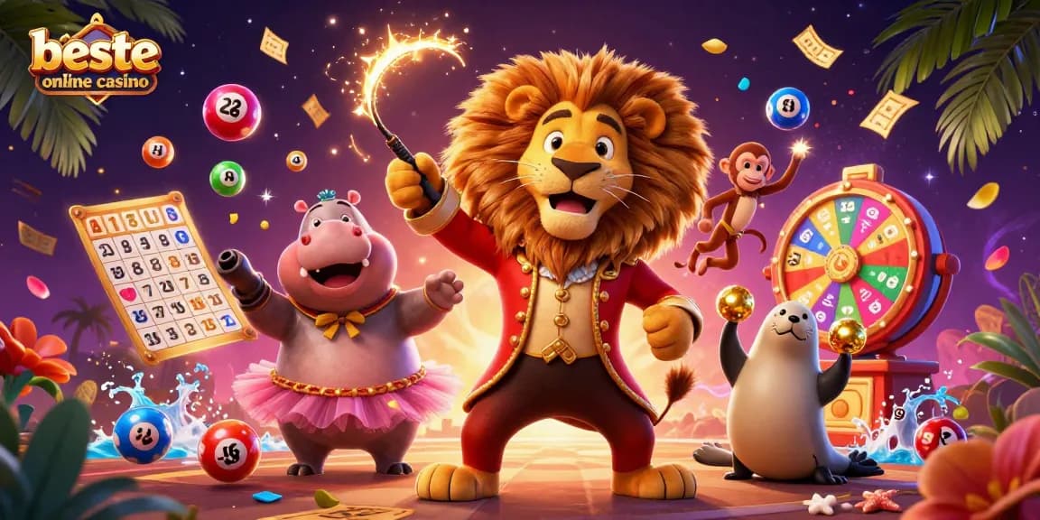 Experience the thrill of beste online casino with a dynamic circus scene filled with vibrant lottery and bingo elements.