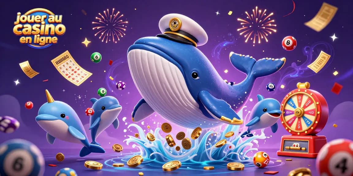 Jouer au casino en ligne avec une illustration dynamique représentant une baleine, un narval et des dauphins parmi les jeux de loterie.