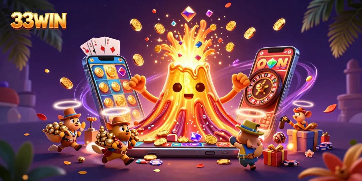 Experience thrilling wins at 33WIN with a stunning eruption of treasures in this vibrant casino illustration.