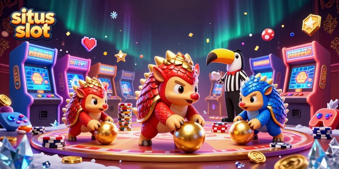 Experience thrilling gaming with situs slot featuring rival pangolins in a vibrant casino scene.
