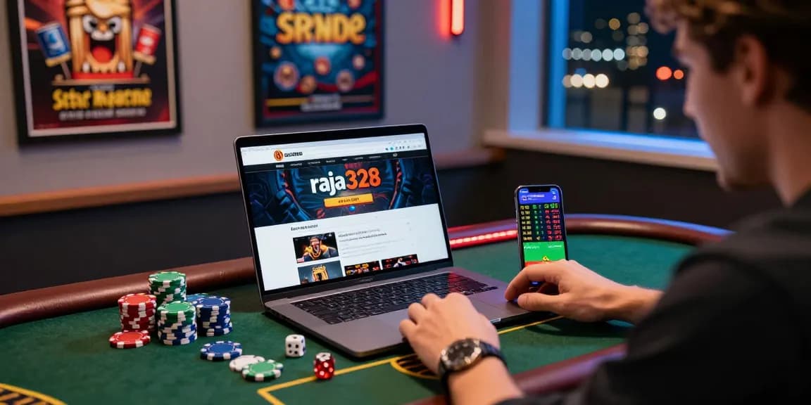 A person enjoying online gaming on situs raja328 with chips and sports betting on smartphone.