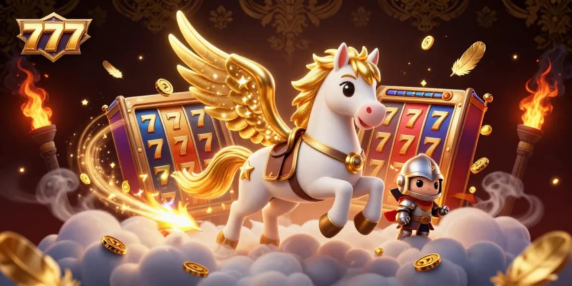 Spin the 777 slot reels for exciting wins with a celestial horse and armored knight in action.