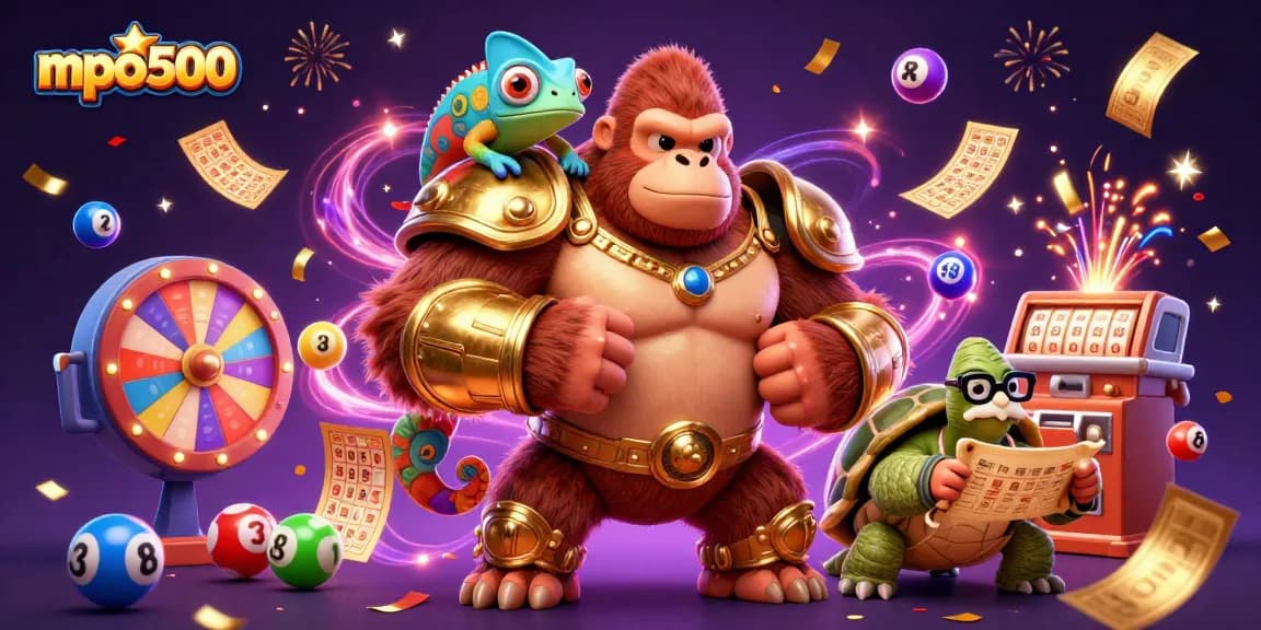 Engage in mpo500 lottery excitement with vibrant characters, spinning wheels, and colorful balls!
