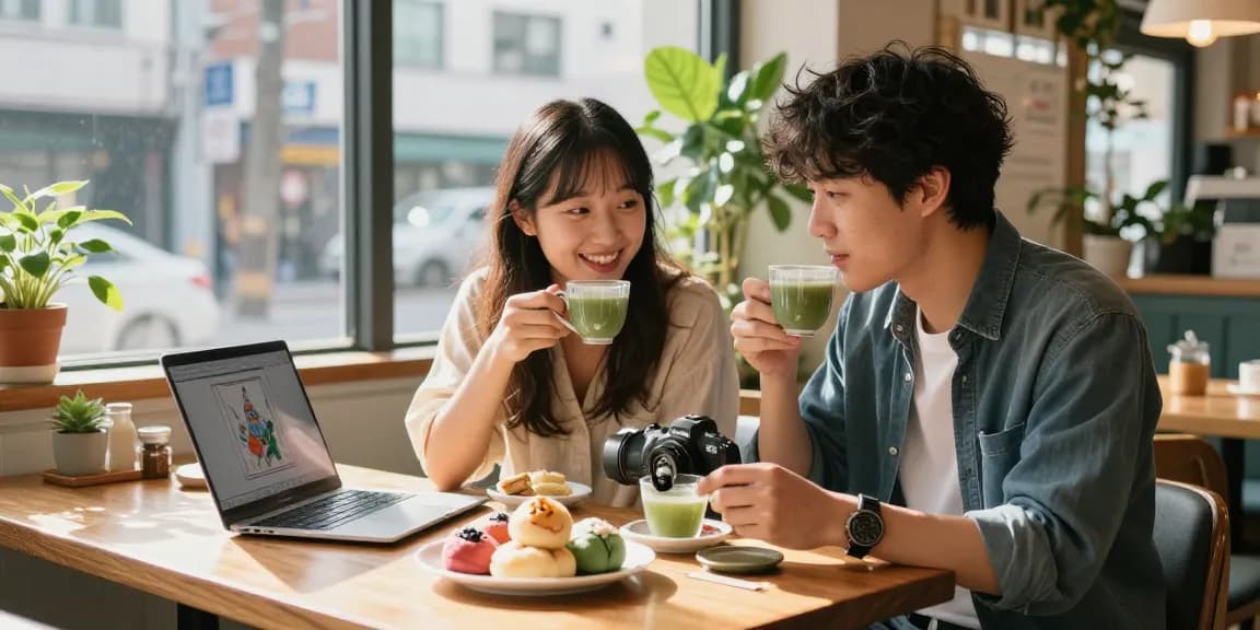 울산오피 카페에서 전통 한국 차와 간식을 즐기는 젊은 커플의 모습