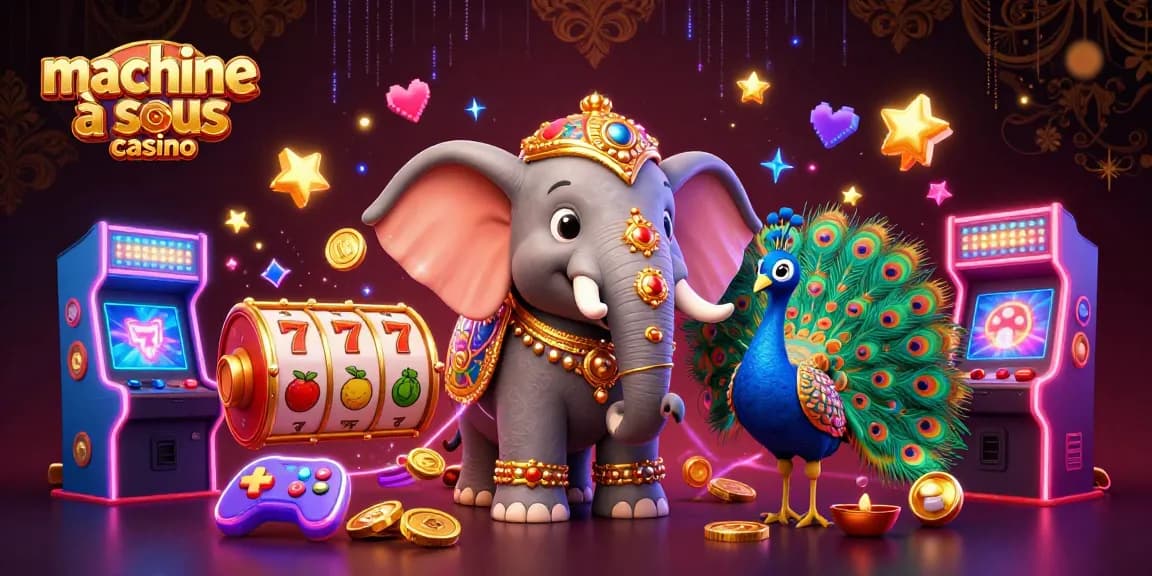 Profitez des machines à sous casino avec un éléphant 3D et un paon coloré sur fond de jeu animé.