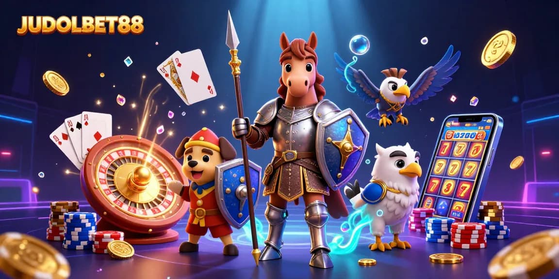 Experience JUDOLBET88 with a knight and puppy surrounded by exciting casino elements.