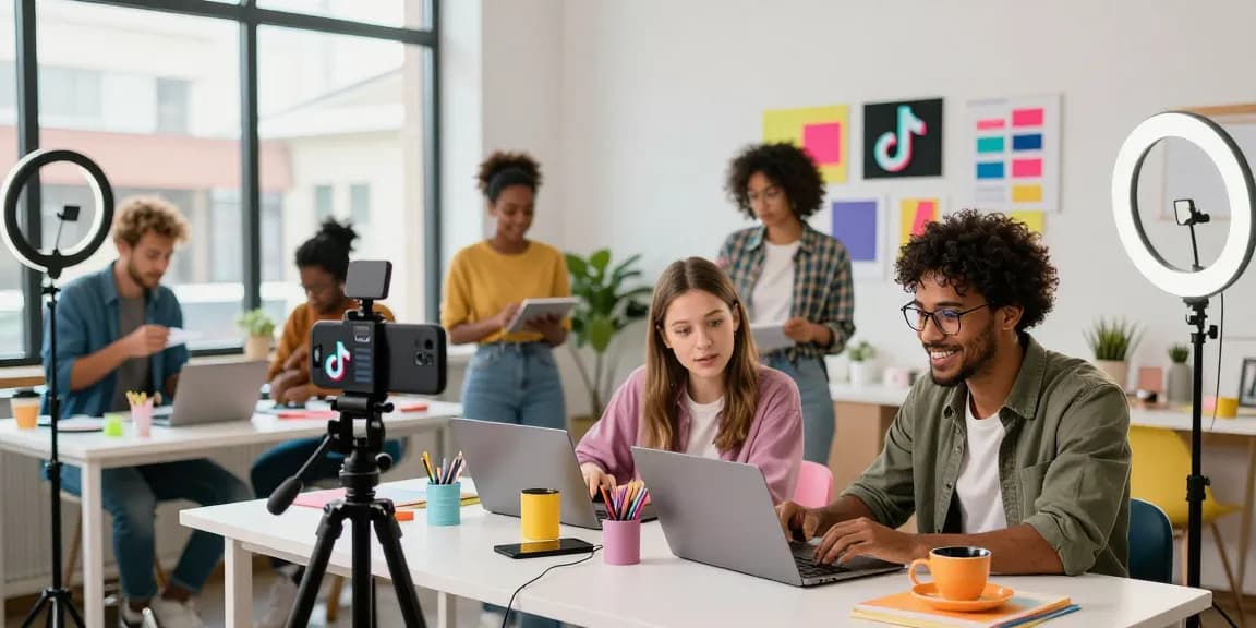 Creators filming TikTok content to buy real TikTok views in a vibrant modern workspace