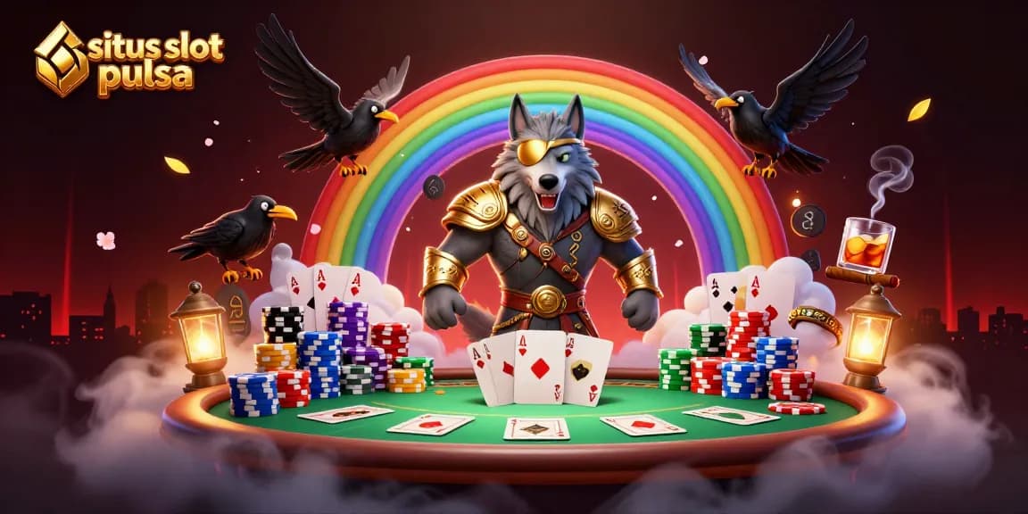 Engage with situs slot pulsa, featuring Odin and ravens amidst a vibrant casino scene.