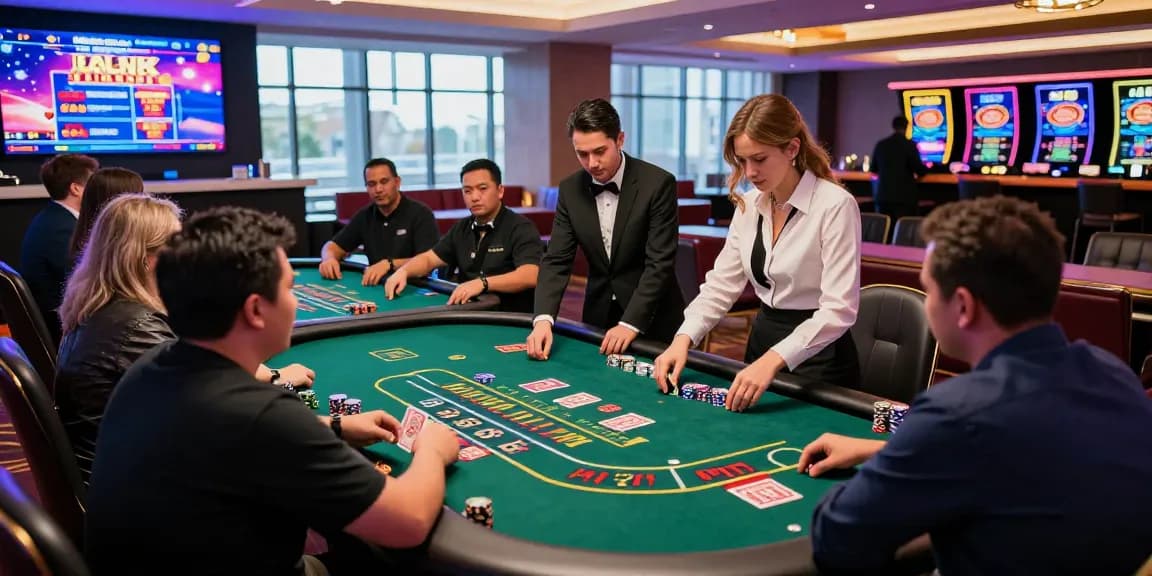 Mildcasino Live Taruhan Online vibrant casino scene with players enjoying baccarat and roulette at luxurious tables.