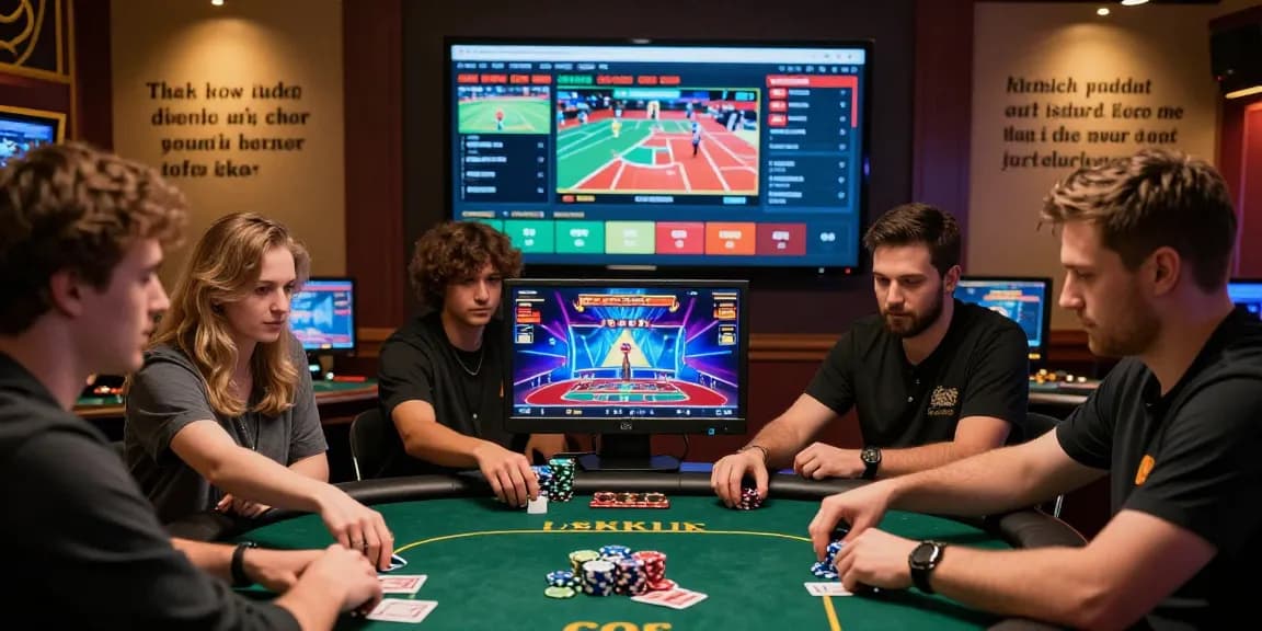 Players engaging with OK8386 at their computers in a vibrant online gambling environment, showcasing excitement and strategy.