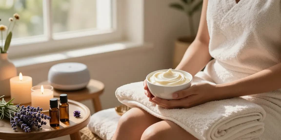 De stress Whipped Body Butter in a calming spa setting with candles and lavender