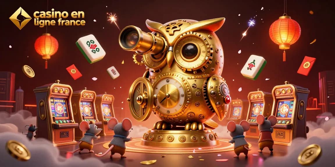 Plongez dans l'univers du casino en ligne France avec l'illustration de notre hibou d'or et des petits souris au milieu des machines à sous.