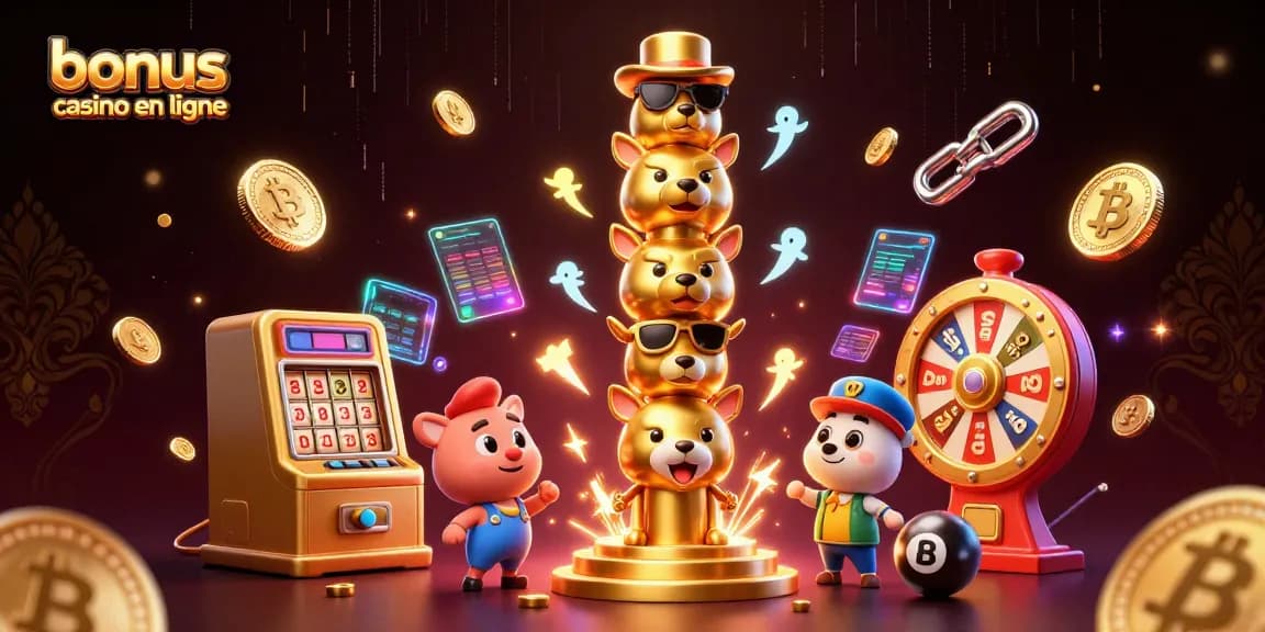 Visualisez des stratégies de gain dans le bonus casino en ligne avec des éléments de loterie et un totem en or.