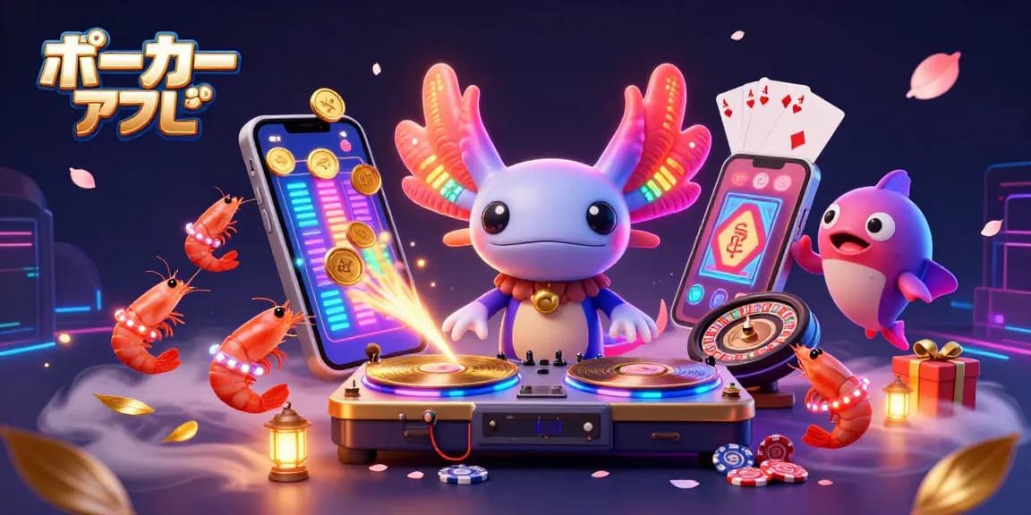 ポーカーアプリで楽しむカラフルなキャラクターたちが、ゲームやコインを盛り上げるシーン