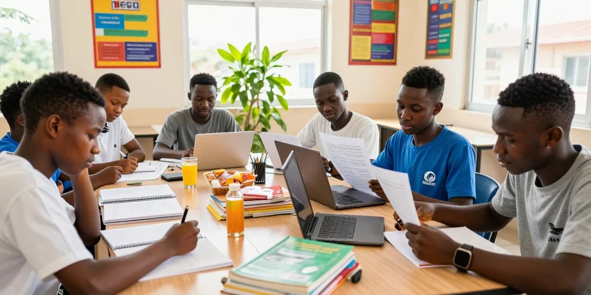 2026 NECO runz study session with students collaborating in a bright classroom.