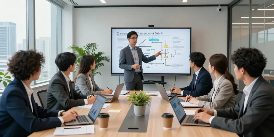 How business uses AI for strategic planning with diverse team in modern office setting.