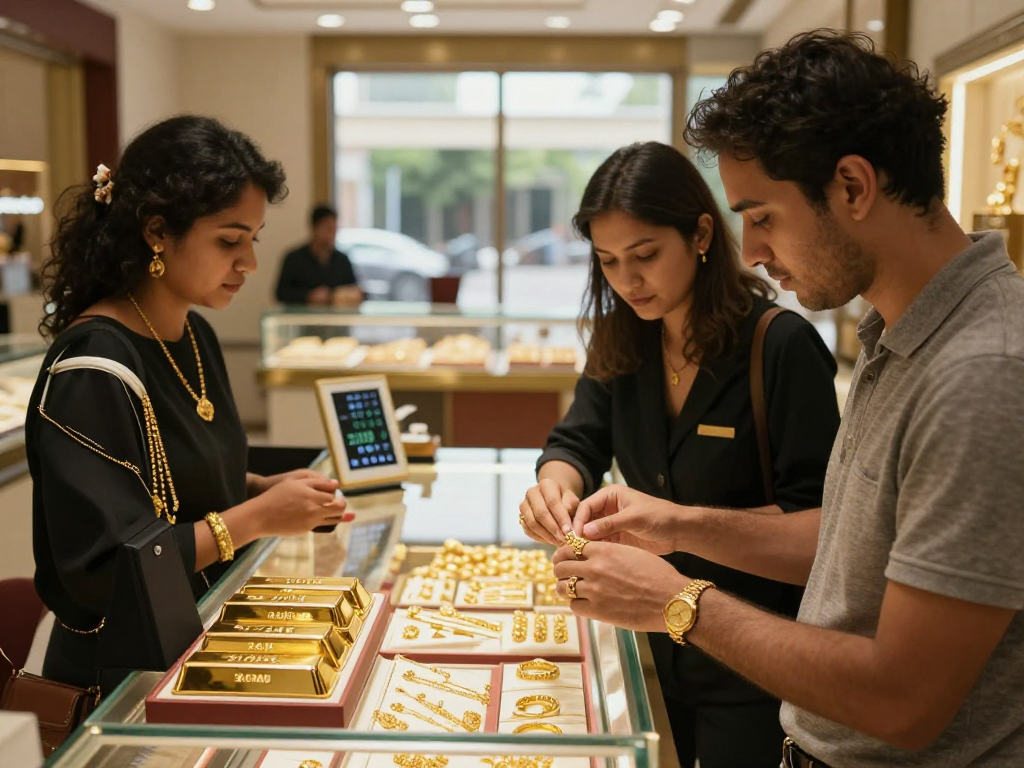 Engaging jewelry shopping experience showcasing mantra 88 gold pieces.