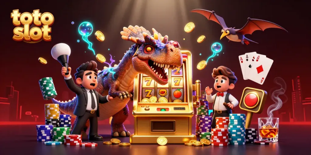 A pachycephalosaurus celebrating a jackpot at the toto slot, sending coins flying while a panicked manager waves nearby.