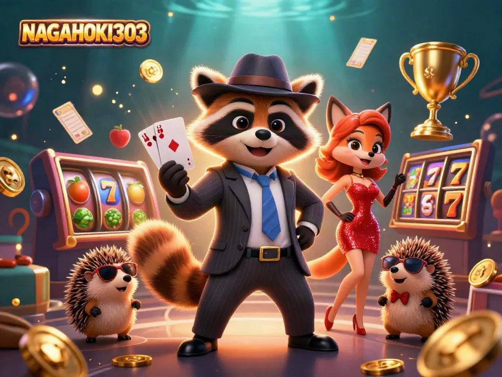 NAGAHOKI303 menang di permainan slot, dengan karakter kartun yang glamor dikelilingi oleh atribut kasino.