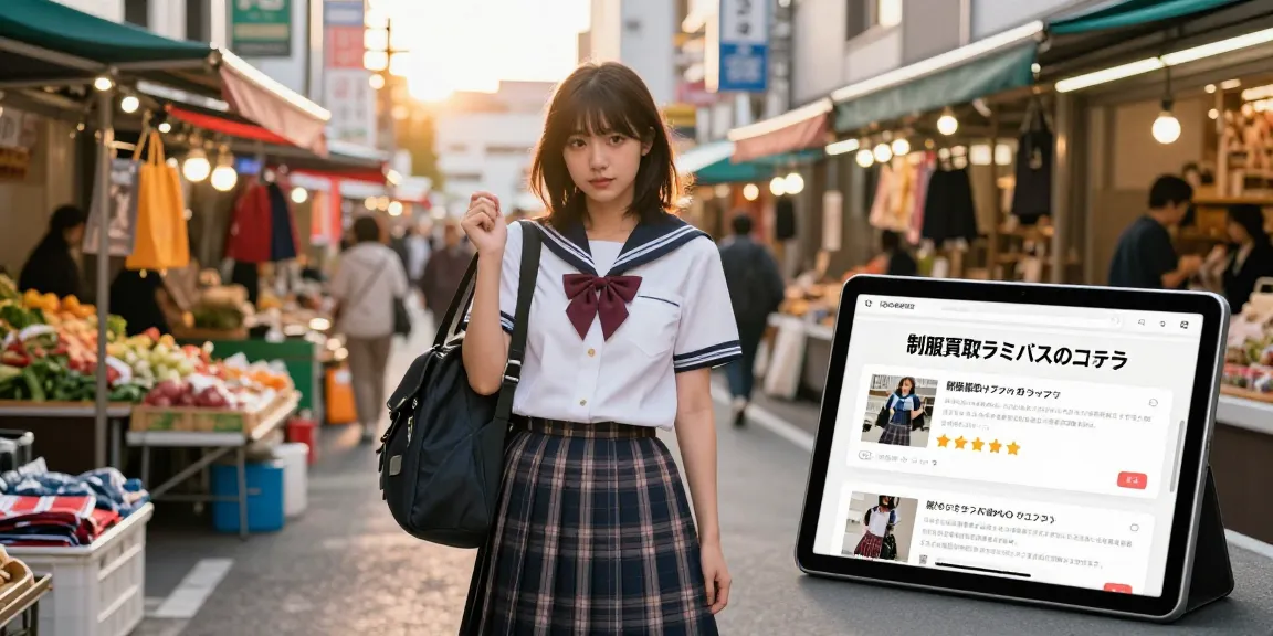 制服買取ラミパスの口コミをチェックする若い女性が市中で制服を持っているシーン。