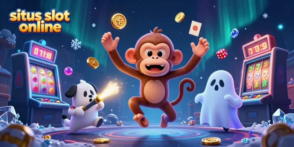 Engage with the situs slot online scene featuring a playful poltergeist monkey and a curious ghost-hunter puppy in a busy casino.