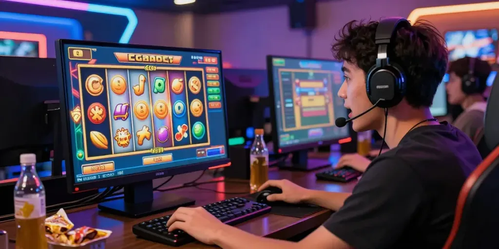 Excited player engaging with vibrant slot resmi game interface in a colorful gaming room.