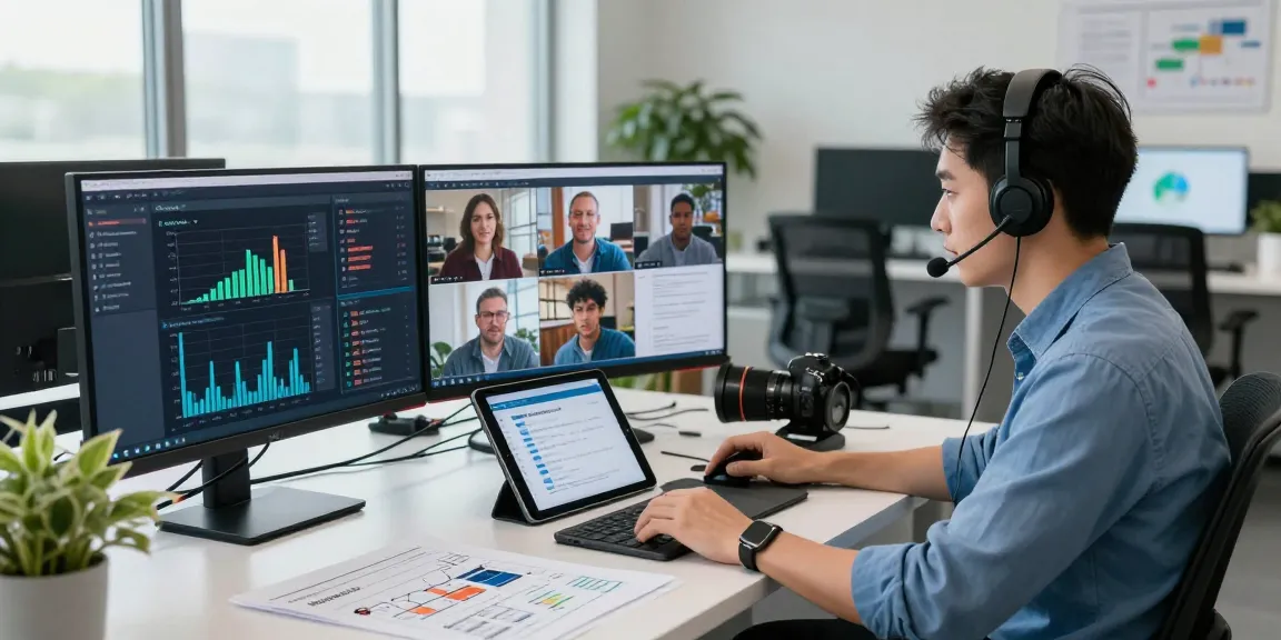 AI detector analysis in a modern workspace with content moderation screens and expert reviewing data.