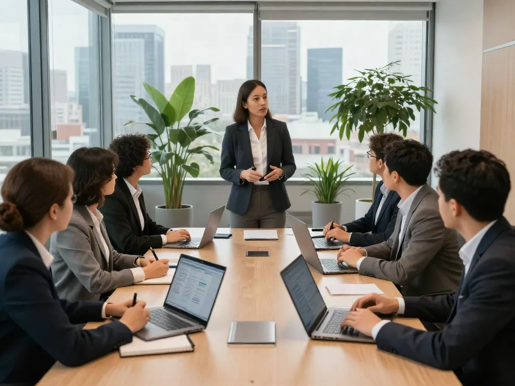 PedroVazPaulo Executive Coaching session with diverse leaders in a modern office.