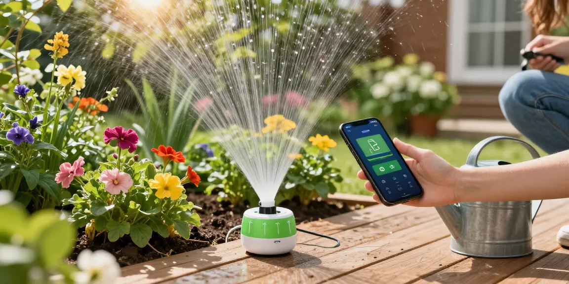 Gardener using a rainpoint water timer to optimize plant watering in a vibrant backyard.