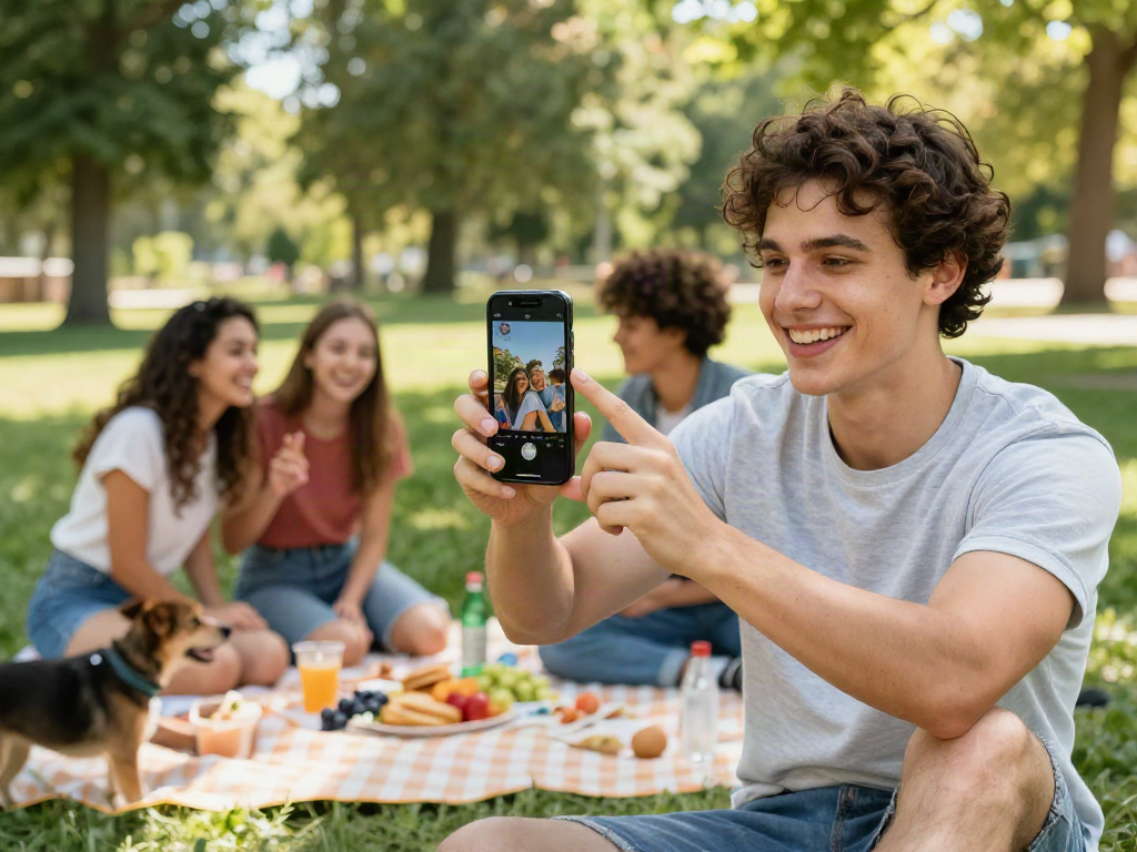 Person uploading a photo to find out how old do I look while enjoying a picnic in the park.