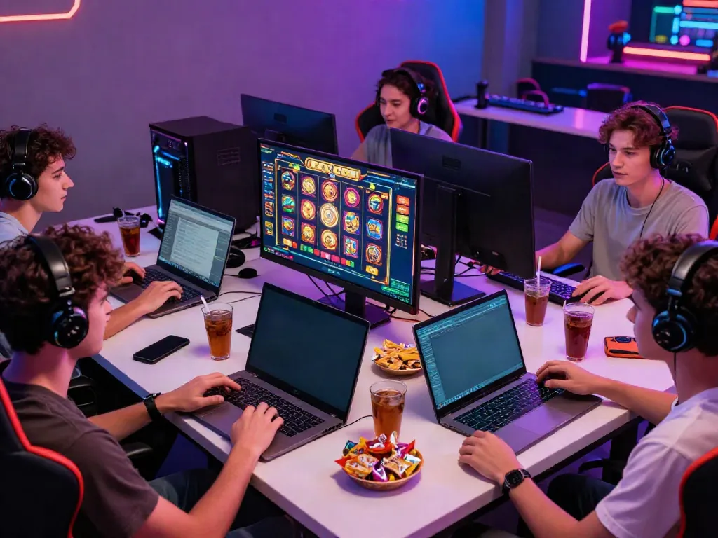 Friends enjoying slot gacor games in a vibrant gaming lounge, with laptops, snacks, and exciting visuals.
