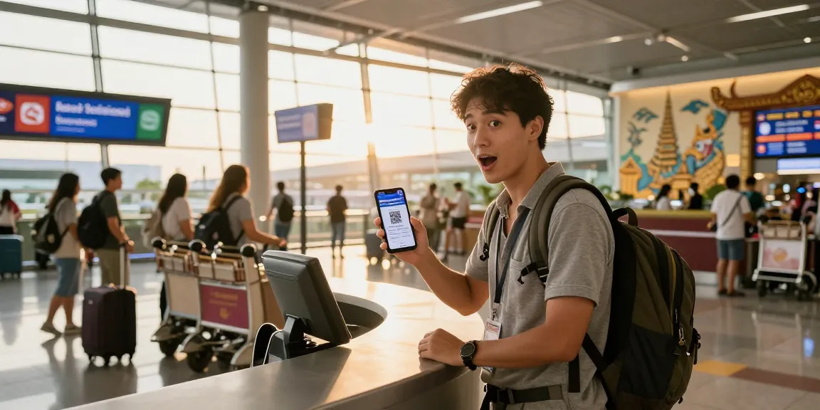 Traveler presenting Thailand digital arrival card QR code at Bangkok airport immigration.