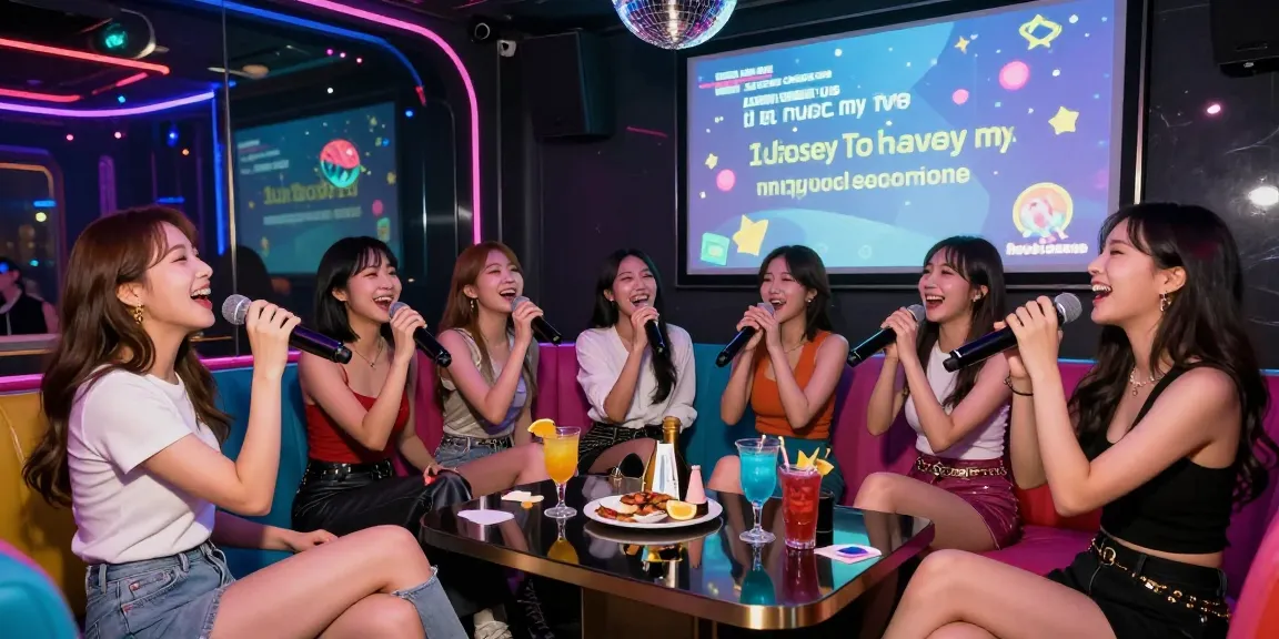 Karaoke gathering at 강남가라오케 with friends singing and cocktails on the table in a lively atmosphere.