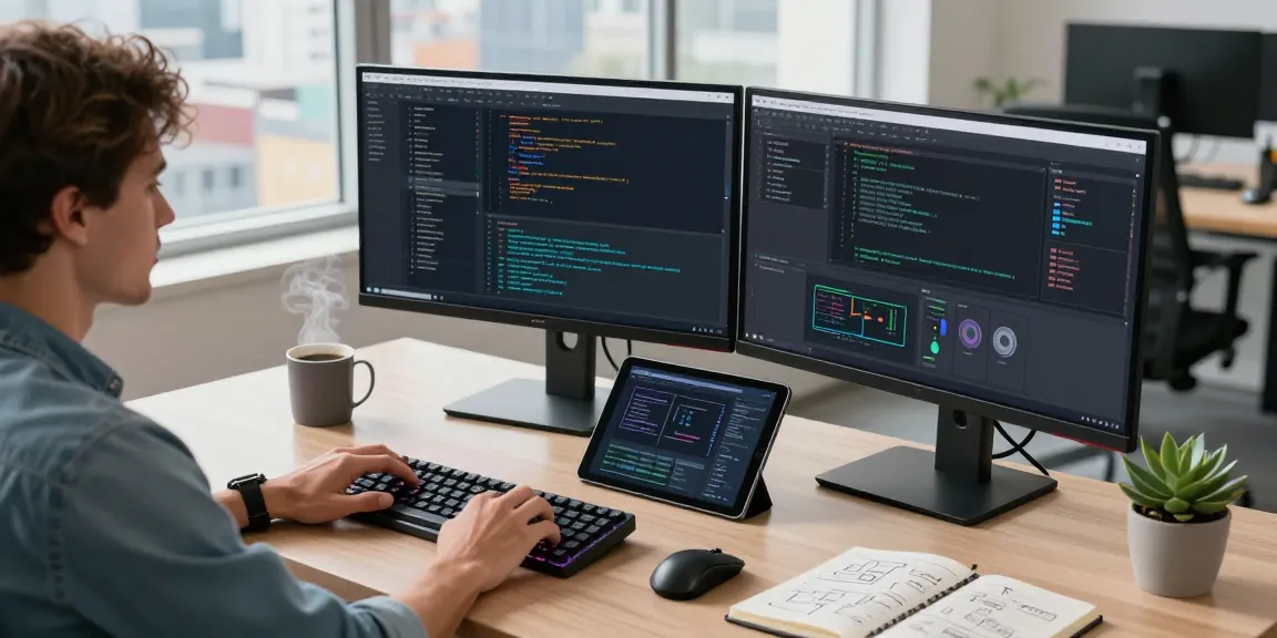 Developer using Snipaste in a modern workspace with dual monitors, showcasing coding and creative tools.