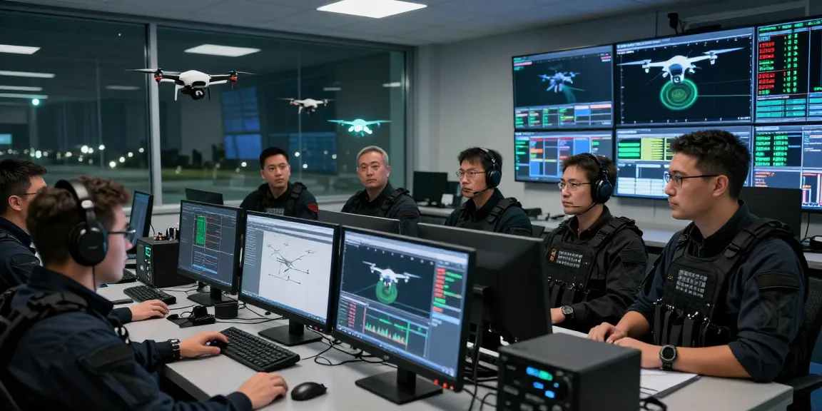 Drone jammer module operation in a high-tech control room analyzing drone signals and interference.