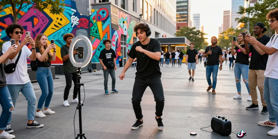 Dynamic urban scene of a young influencer creating instant TikTok views with friends, vibrant street art in background.