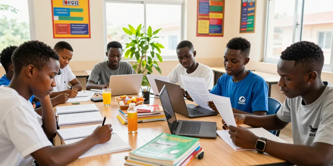 2026 NECO runz study session with students collaborating in a bright classroom.