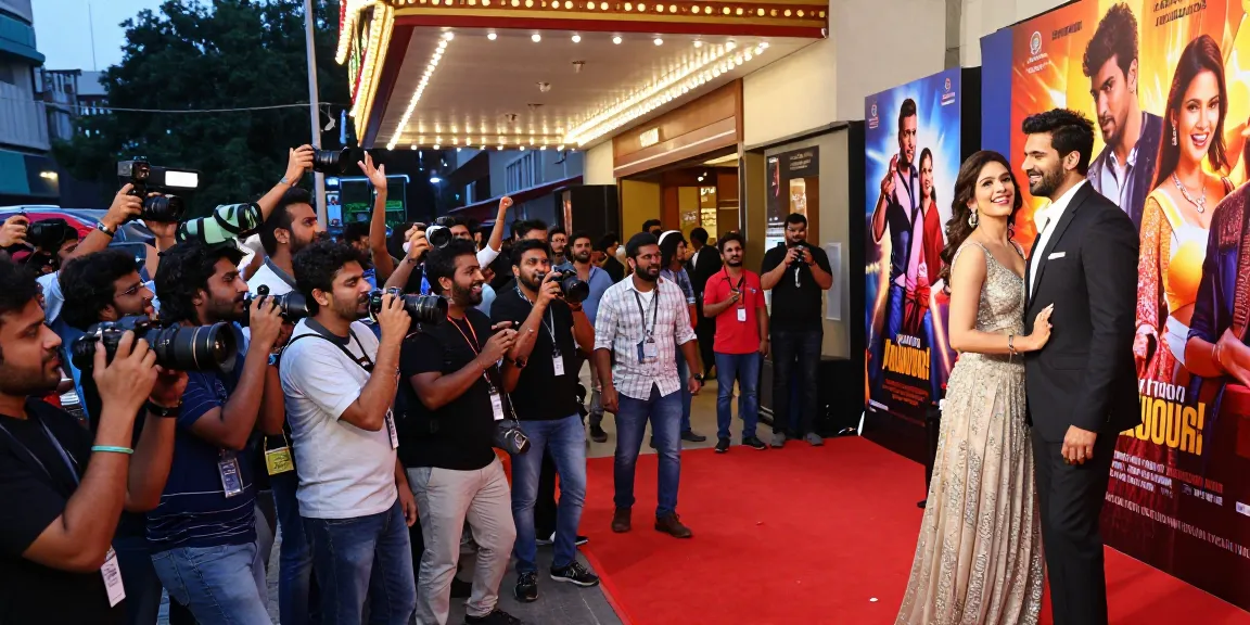 A lively Bollywood movie premiere scene showcasing the excitement of bolly 4u fans and red carpet glamour.