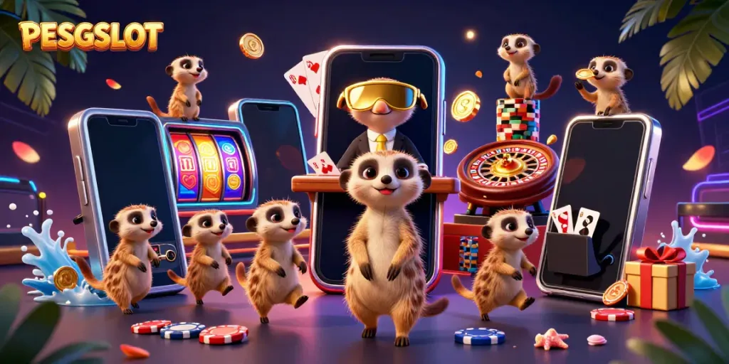 Permainan slot PESGSLOT dengan koloni meerkat mengelola kasino modern.